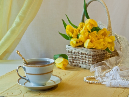 Still Life - pearls, beauty, cup of tea, yellow tulips, yellow tulip, tulips, bouquet, basket, spring, with love, pretty, yellow, romance, tea, for you, lovely, cup, nature, romantic, beautiful, tulip, flowers