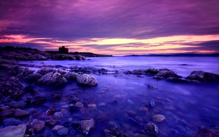 Purple Sunset - beach, splendor, purple sunset, purple, view, sky, other, clouds, beautiful, sea, beauty, colors, lovely, ocean, stones, nature, sunset, waves, peaceful, rocks