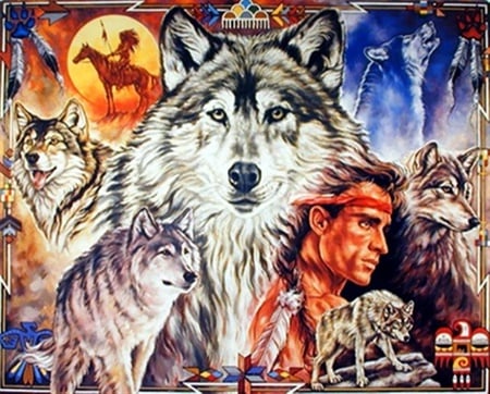 Native Friends - people, dogs, native, wolf, great, lovely, art