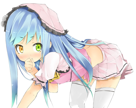 What? - blush, thighhighs, white, bicolored eyes, long hair, loli, hat, shikinyan, blue hair