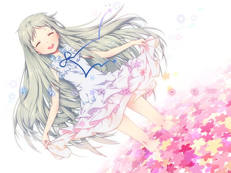 ano_hi_mita_hana_no namae wo bokutachi wa mada shiranai - summer dress, petals, honma meiko, long hair, flowers