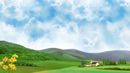 Farm Country - farm, sky, summer, mountains, spring, country, rural, flowers, farm buildings, firefox persona, grass, barn