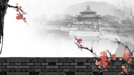 Oriental Rapture - water, cherry blossoms, pagoda, wall, sakura, lake, pond, chinese, firefox persona, gazebo, sea, japanese