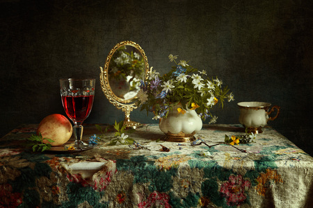 still life - nice, photography, bouquet, cup fruit, wine, still life, pretty, reflection, cool, table, old, red wine, harmony, drink, pear, lovely, fruit, vase, cup, mirror, beautiful, flowers, photo, flower