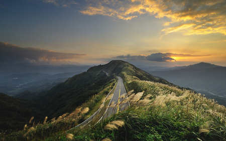 Sunset - pretty, calm, scenery, landscape, grass, view, nice, sky, sun, clouds, trees, beautiful, photography, road, lovely, cool, nature, sunset, panorama, mountains, peaceful