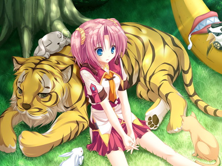 Kazamai Sakura - beauty, hot, anime girl, bunny, seifuku, mikagami mamizu, grass, cute, short hair, sexy, cat, blue eyes, pink hair, game cg, beautiful, animal, tiger