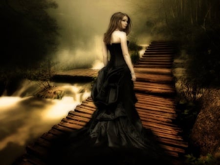 Lost Paradise - beauty, woman, black dress, girl, path, waterfall, fantasy, mist, pathway, dark, forest, beautiful, stairway, dress