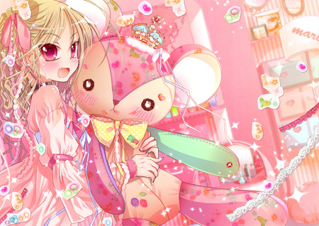 anime - pink blush, animals, pink, pink eyes, dress