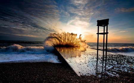 Mountainous wave - sky, ocean, beach, clouds, sun, sunset, wave