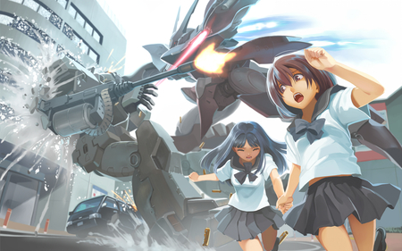 Mecha Invasion - beauty, gun, anime girls, sexy, hot, robot, original, seifuku, car, beautiful, weapon, cute, mecha