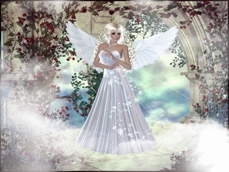 ANGEL IN THE GARDEN - wings, white, garden, flowers, female, angel