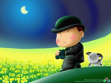 me and my pet - art, cartoon, night, grass land, pet