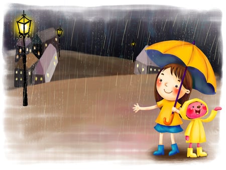 rainy day - cartoon, rain, friends, rainy day, art