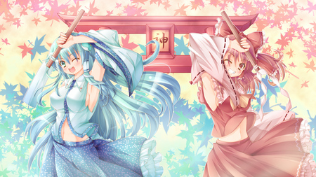 Shrine Maiden - game, anime, gate, happy, kochiya sanae, touhou, miko, torii, hakurei reimu, video game