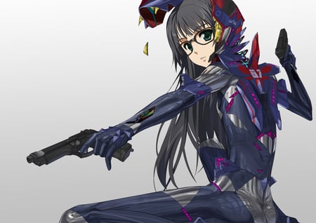 Kusaka Souji - anime girl, gun, beautiful, hot, beauty, armor, glasses, black hair, futaba aoi, cute, weapon, sexy, asobi ni iku yo