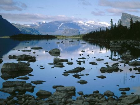 Rocky Lake - mountains, lake, trees, rocks