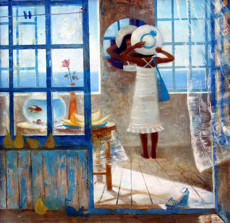 Ð®Ð»Ð¸Ñ ÐŸÐµÑ‚Ñ€Ð¾Ð²Ð° - mirror, hat, fish, painting, woman, art