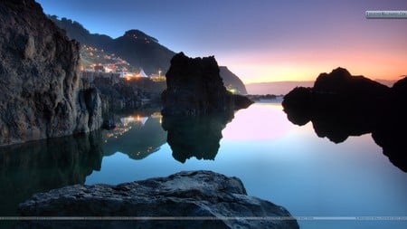 Sunset Over The Sea - ocean, city, sunset, mountains, sea