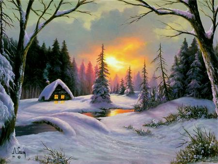 A. Casay - painting, art, snow, winter, sunrise, a casay