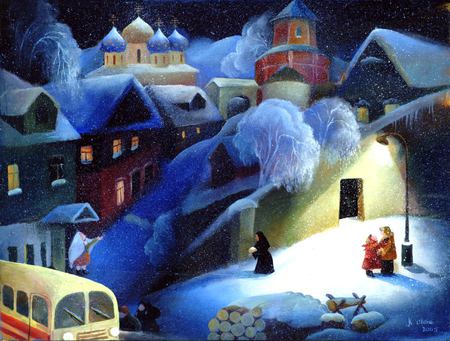 Natasha Villone - village, painting, bus, snow, art, natasha villone