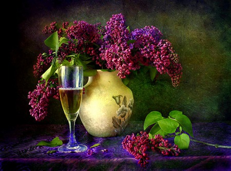 Lilac Harmony - flowers, vase, pitcher, table, lilacs, still life, champagne glass