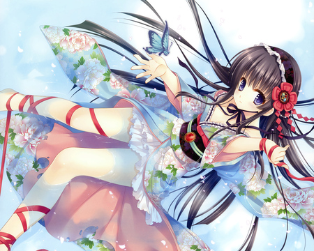 Tatekawa Mako - anime girl, water, original, beautiful, hot, beauty, kimono, flower, long hair, purple eyes, japanese clothes, lolita fashion, black hair, cute, sexy, ribbons