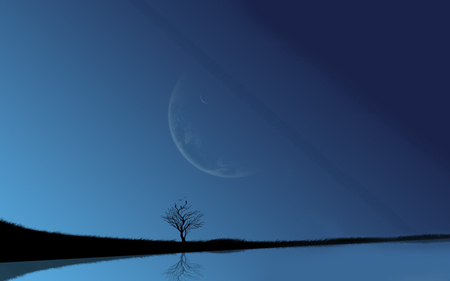 Two Moons - moon, sky, lake, full moon, blue sky, tree