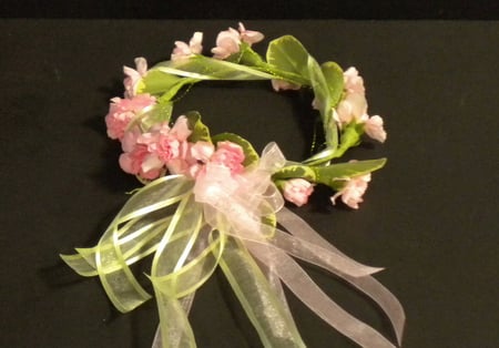 bridemaid wreath - pink, ribbons, wreath, still life, carnations