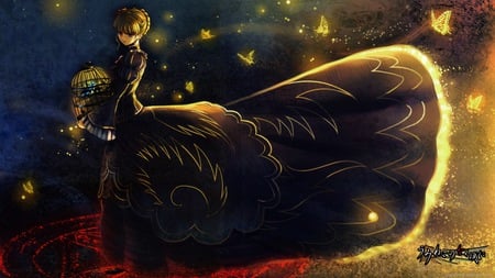 Umineko - nest, golden butterfly, wings, girl, gold