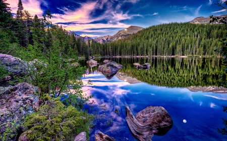 Landscape - nice, beauty, sky, trees, peaceful, water, mountains, beatifull, rocks, white, wood, view, reflection, clouds, green, rock, tree, grass, stone, lake, landscape, mountain, daylight, day, lovely, nature, woods, forest, mirror, blue, beautiful, splendor