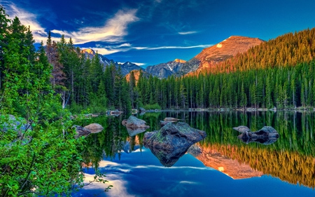 Beautiful Place - beauty, autumn, sky, trees, peaceful, water, mountains, other, rocks, view, reflection, clouds, green, tree, high, fields, lake, landscape, mountain, peace, lovely, nature, woods, forest, blue, beautiful, leaves, splendor, stones, colors