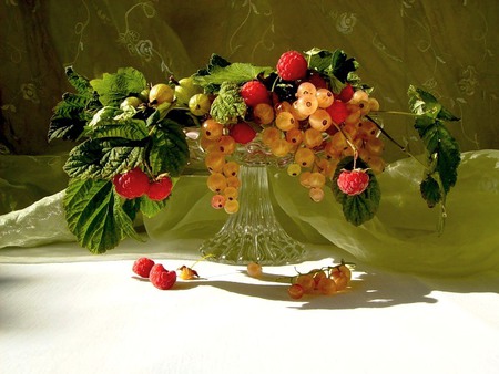 STILL LIFE - glass, leaves, grapes, tray, fruit