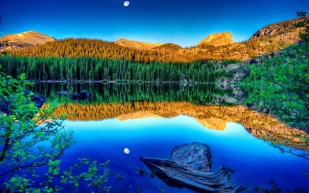 Landscape - beauty, sky, trees, peaceful, water, mountains, other, spring, wood, view, reflection, clouds, green, tree, moon, lake, landscape, sunlight, lovely, nature, woods, forest, blue, beautiful, leaves, splendor, colors, sunrise