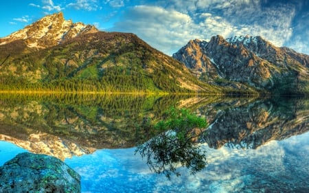 Reflection - beauty, sky, trees, peaceful, water, mountains, spring, rocks, view, reflection, clouds, tree, lake, landscape, lovely, nature, blue, beautiful, colors