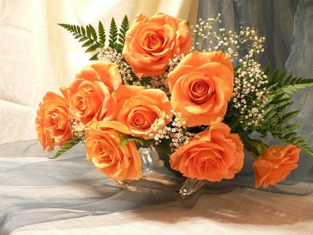 still life - nice, roses, photography, bouquet, still life, rose, cool, pretty, orange, gently, harmony, scarf, lovely, vase, beautiful, flowers, photo, elegantly, flower