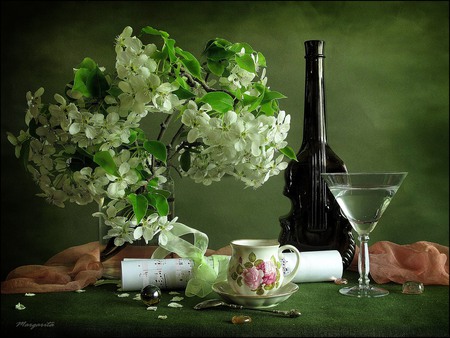 still life - nice, photography, music, bouquet, still life, spring, pretty, cool, twig, green, ribbon, bottle, harmony, drink, notes, scarf, lovely, cup, beautiful, violin, flowers, photo, flower, elegantly