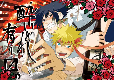 naruto and sasuke - naruto, blue eyes, red, sasuke, flowers, soda