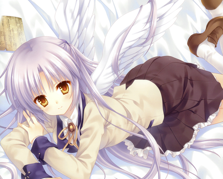 anime - brown dress, blush school, yelow eyes, purple hair, sleep, angel