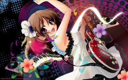 k-on - yui, k-on, guitar, music, flowers, dress