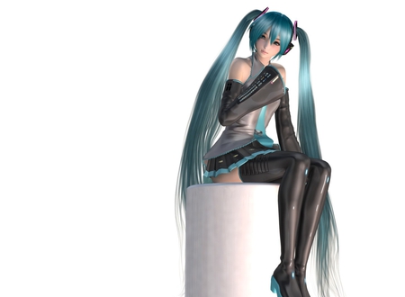 Hatsune Miku - sitting, realistic, plain background, female, thigh highs, lone, aqua hair, miku hatsune, white background, short skirt, miku, cute, hatsune miku, girl, long hair, cg, hatsune, green eyes, 3d, vocaloid, tie, green hair