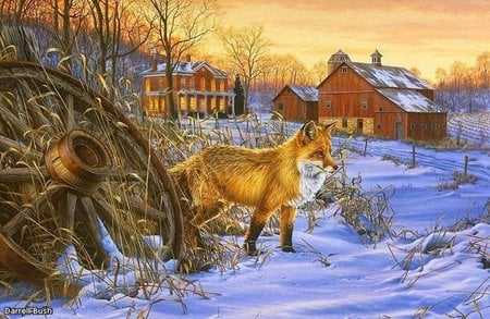 Darrell Bush - wolf, winter, painting, darrell bush, snow, art