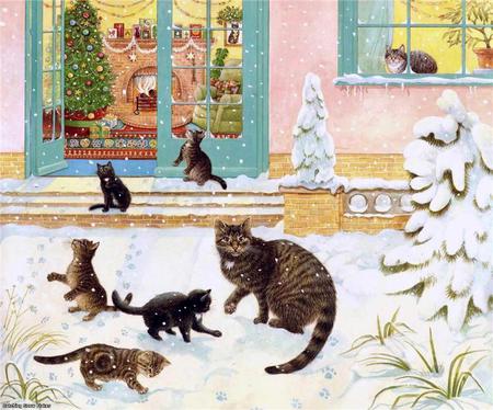 Winter cat family - painting, art, cat, snow, winter, kitten