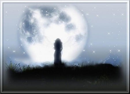 I WISH FOR AN ANGEL - moon, stars, sky, angel, female