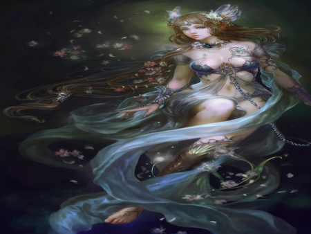 Beauty Fantasy - abstract, female, cherry blossom, magic, beauty, dark, flowers, cg, big breasts, fantasy, woman, rose, sexy