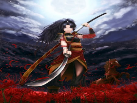 Samurai Warrior - anime girl, female, warrior, wing, sword, night, horse, samurai, dark, cloud, katana, rose, samurai warrior