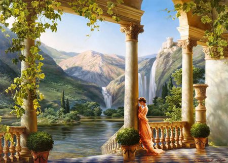 Solitude - woman, terrace, water, mountains, nature, painting, alone, color, beautiful place, solitude