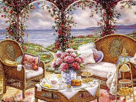 Relaxing  place  at teatime - house, relaxing place, beautiful, tables, pillows, chairs, terrace, tea, architecture, comfortable seating, flowers, nature, view, painting, cakes, teatime