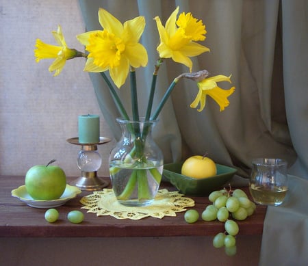 still life - flowers, vase, grapes, apples, candle, daffodils, still life, glass