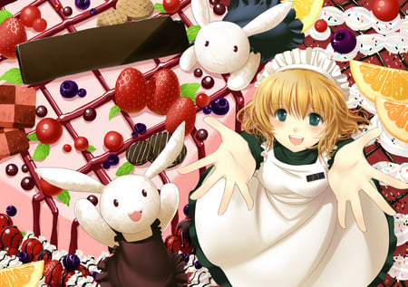 maid,bunnies,dessert,cake,food - maid, book, animal, bunnies, food, anime girl, girl, cake