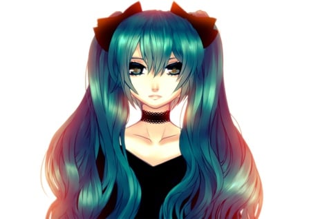 Hatsune Miku - aqua, music, anime girl, white, art, cool, aqua eyes, artistic, hatsune miku, light, song, vocaloids, program, glow, vocaloid, beautiful, diva, dress, nice, beauty, twintail, singer, aqua hair, make-up, black, virtual, pretty, idol, anime, miku, cute, black dress, girl, cg, hatsune, red, digital, awesome